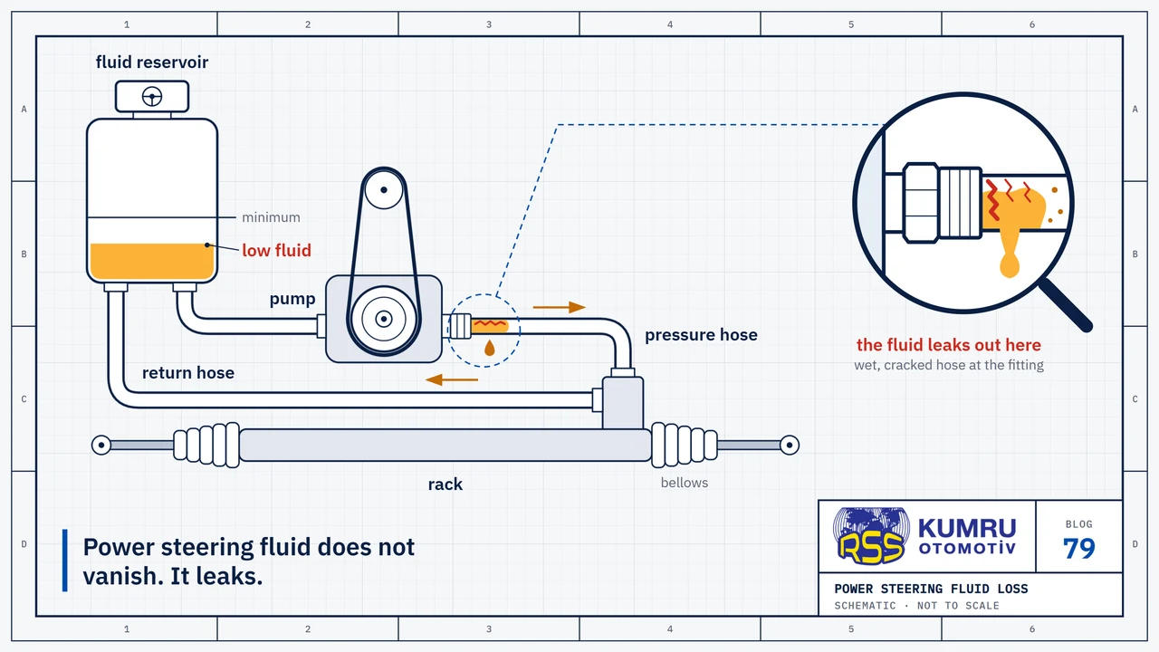 Drawing: a hydraulic steering circuit; in the fluid reservoir, which has a steering wheel symbol on its cap, the fluid is below the minimum line; next to it the belt-driven pump, and at the bottom the rack with a bellows at each end; the pressure hose runs from the pump down to the rack and the return hose from the rack back to the reservoir; at the fitting on the pump end of the pressure hose there is a wet, cracked patch with one drop of fluid under it; the magnifier shows this patch