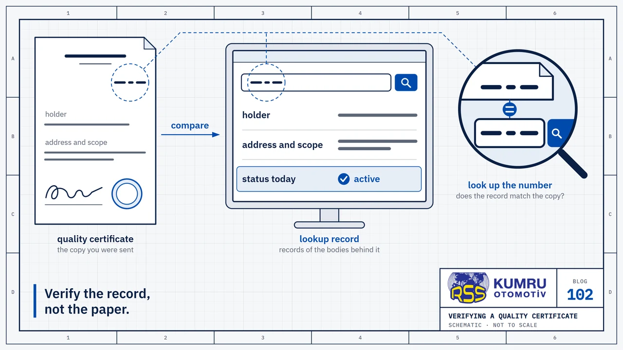 Drawing: on the left a paper quality certificate with a seal and a signature, on the right a screen showing the lookup record of the same certificate; the record has three rows: who the certificate was issued to, for which address and scope, and its status today; the status row is marked in blue and reads active, the paper has no status row; an arrow from the certificate to the screen shows the comparison; the magnifier shows the number on the certificate above the number in the record, with a match sign between them