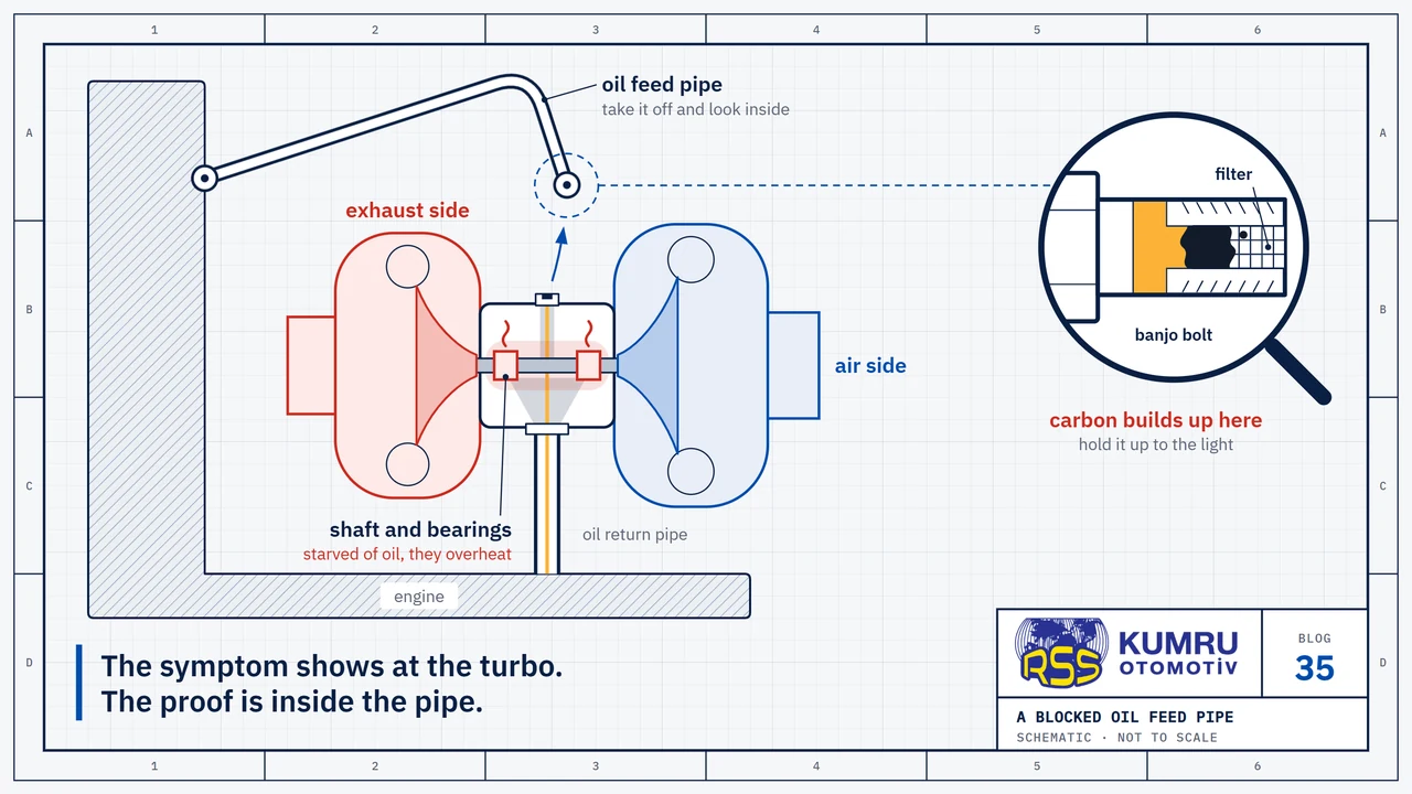 Drawing: a turbocharger in section; the oil feed pipe is undone at the turbo and lifted clear, only a thread of oil reaches the turbo, and the shaft and bearings run dry and hot; the magnifier shows the filter inside the banjo bolt blocked with carbon