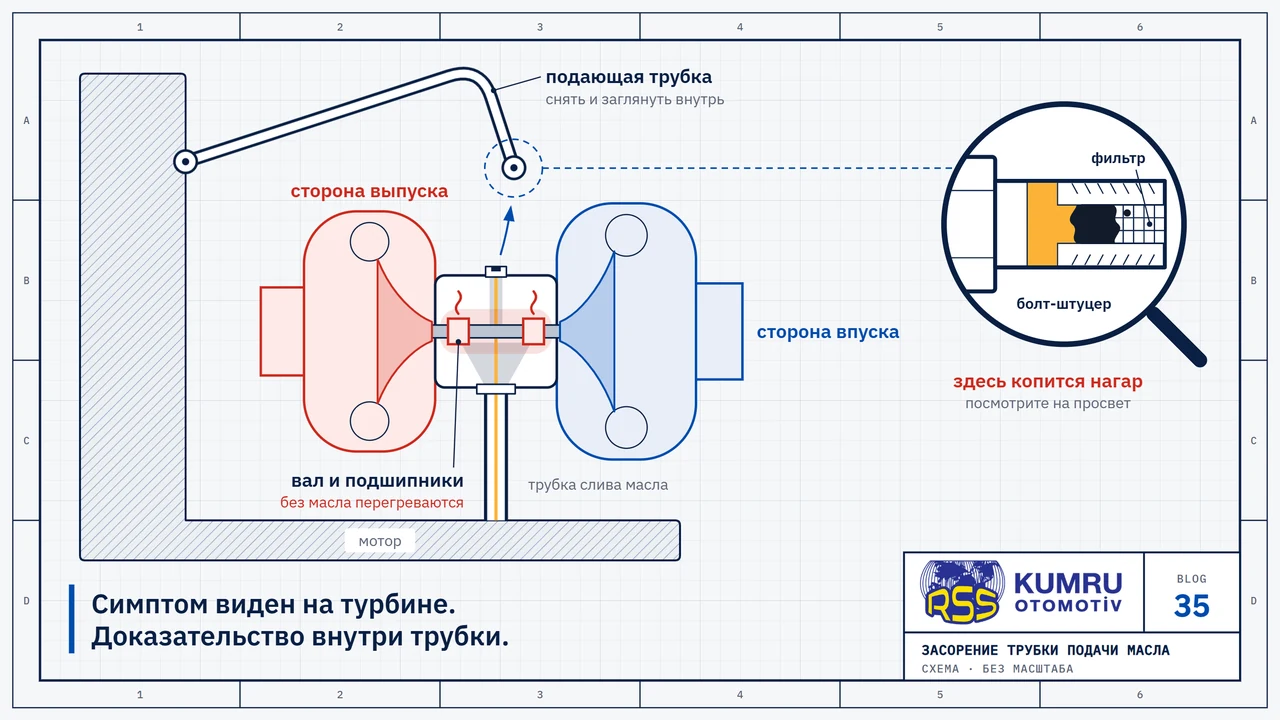 Чертёж: турбина в разрезе; трубка подачи масла отсоединена от турбины и отведена в сторону, к турбине доходит лишь тонкая струйка масла, вал и подшипники работают без масла и перегреваются; в лупе виден фильтр в болте-штуцере, забитый нагаром