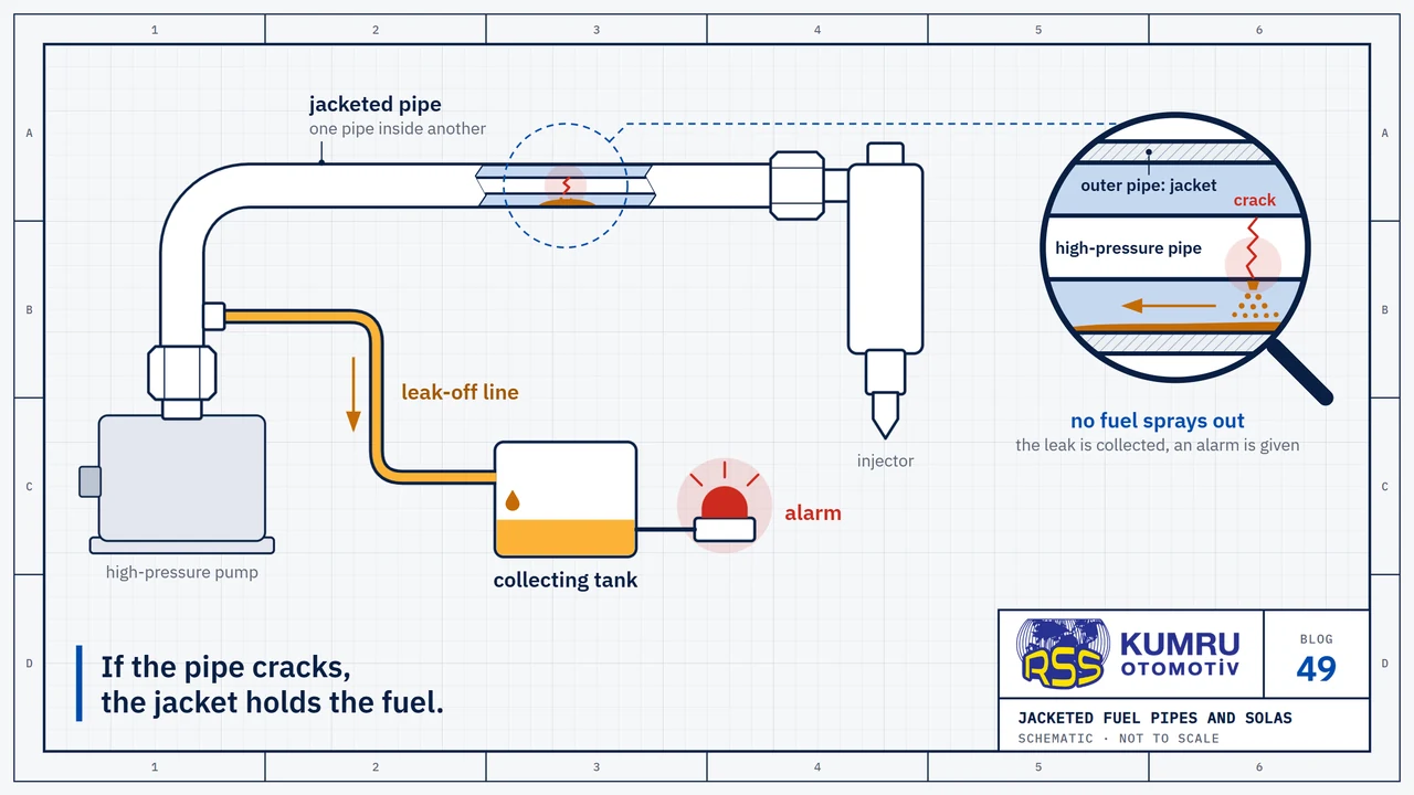 Drawing: a high-pressure pump on the left, an injector on the right and, between them, a jacketed fuel pipe that looks like one thick pipe; a window opened in the pipe shows the thin high-pressure pipe inside it and a crack in that pipe; a thin leak-off line runs from the lower end of the pipe down to a small collecting tank, and a red alarm lamp is lit beside the tank; the magnifier shows the cracked high-pressure pipe, the outer pipe around it and the fuel from the crack staying inside the outer pipe