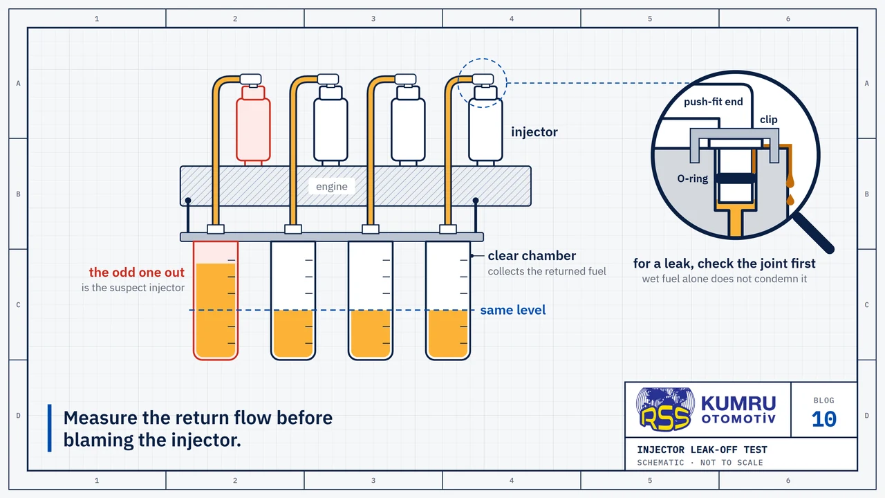 Drawing: four injectors side by side on top of an engine; a clear hose runs down from the return port on top of each injector into one of four clear chambers hanging side by side in front of the engine; in three chambers the fuel stands at the same level, in one it is clearly higher, and that chamber and its injector are marked in red; the magnifier shows the push-fit return connector on top of an injector with its clip and O-ring, and diesel seeping from the joint and dripping down the side of the injector