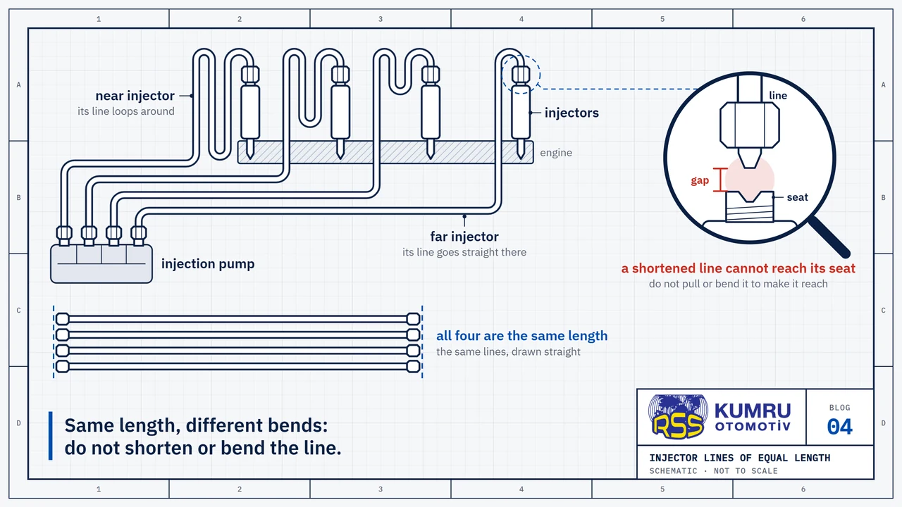 Drawing: an injection pump on the left and four injectors in a row on the right; one line runs from the pump to each injector, the line to the near injector loops around on its way and the line to the far injector goes straight there; below, the same four lines are drawn straight with their ends level, all four the same length; the magnifier shows a shortened line that does not reach its seat, leaving a gap