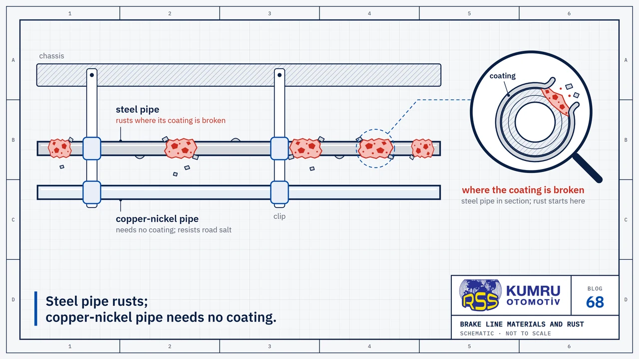 Drawing: two brake pipes side by side, held to the chassis by clips; the coating of the upper steel pipe has blistered in places and the pipe is covered in red rust patches, while the surface of the lower copper-nickel pipe is clean; the magnifier shows the steel pipe in cross-section: rust has started where the coating is broken and the pipe wall has thinned there