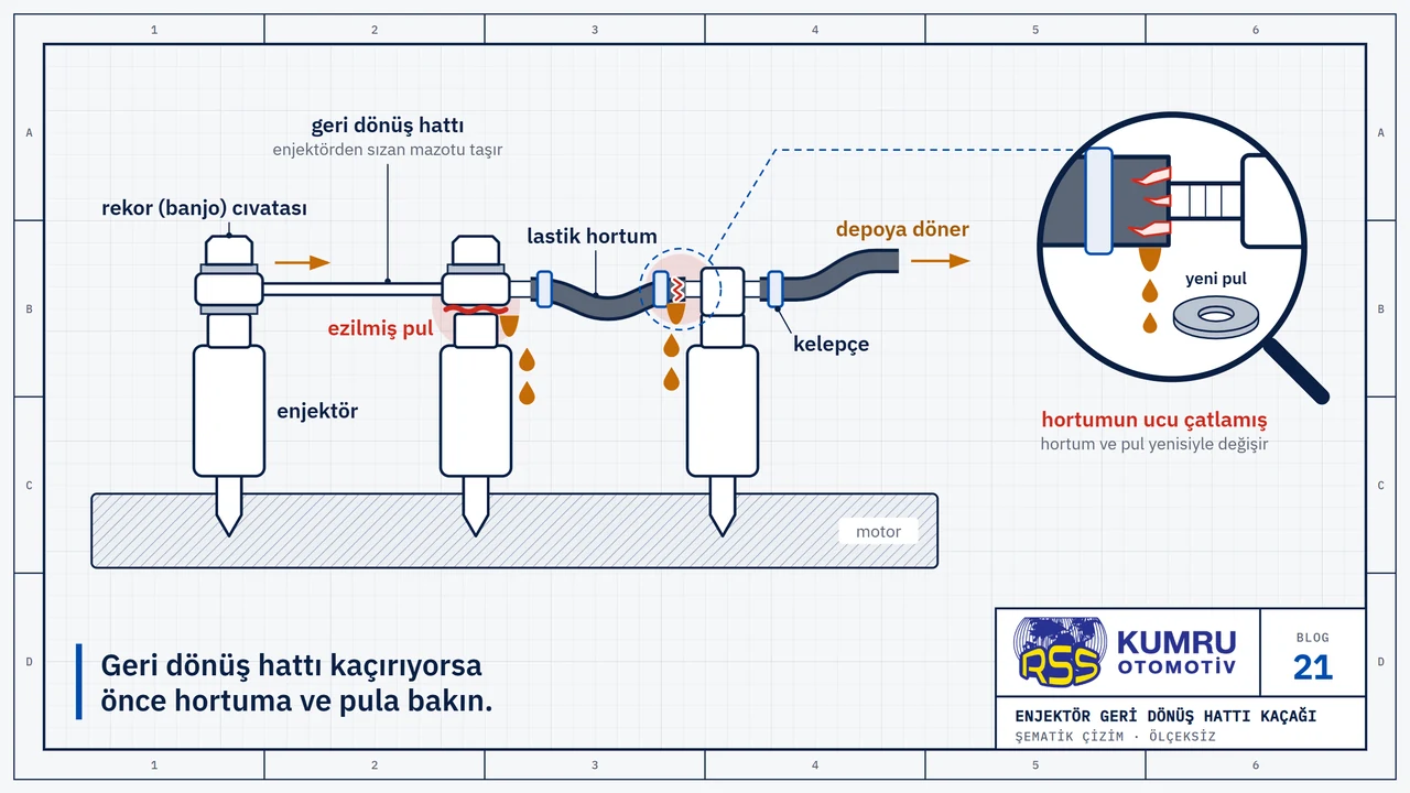 Çizim: bir traktör motorunun üstünde yan yana üç enjektör ve tepelerinden geçen ince geri dönüş hattı; soldaki iki enjektörde rekor (banjo) cıvatalı ve pullu çelik boru, sağda nipeller arasında kelepçeli lastik hortumlar var, hat sağdan depoya döner; ortadaki enjektörde ezilmiş pul ile sağdaki nipelde çatlamış hortum ucu kırmızıyla işaretli, altlarından mazot damlıyor; büyüteçte çatlak hortum ucu ve yanında yeni pul