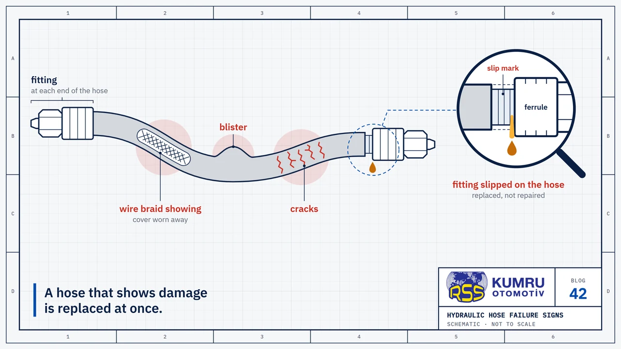Drawing: a single hydraulic hose in side view, gently curved, with a fitting at each end; three signs of damage are marked in red along it, from left to right: a section where the cover is worn away and the wire braid shows, a blister, and fine cracks; the magnifier shows the right-hand end: the hose has slipped out of the ferrule, leaving its old seat exposed, and a drop of oil hangs at the end of the ferrule