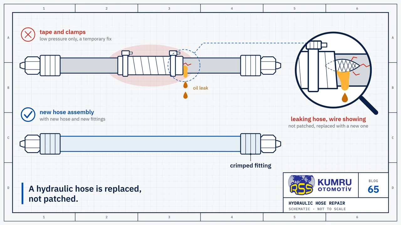 Drawing: two hydraulic hoses in side view, one above the other; the body of the damaged upper hose is wrapped in tape and held by two clamps, oil drips from the edge of the wrap, and a red cross stands next to it; the new hose assembly below has a crimped fitting at each end, with a blue tick next to it; the magnifier shows the edge of the wrap: the tear in the cover and the wire braid are still there under the tape, and oil seeps out of the tear