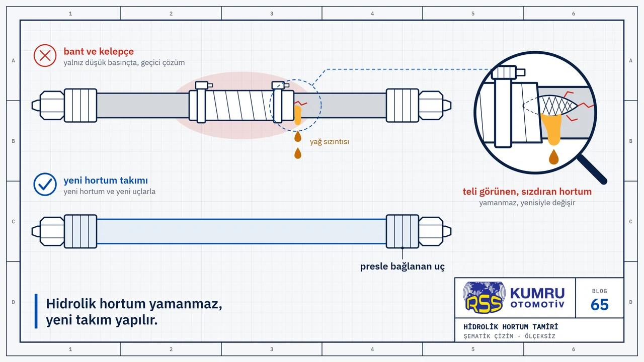 Çizim: yan görünüşte, alt alta iki hidrolik hortum; üstteki hasarlı hortumun gövdesi bantla sarılmış ve iki kelepçeyle sıkılmış, sargının kenarından yağ damlıyor, yanında kırmızı bir çarpı var; alttaki yeni hortum takımının iki ucunda presle bağlanmış uçlar var, yanında mavi bir onay işareti duruyor; büyüteçte sargının kenarı: dış kattaki yırtık ve tel örgü bandın altında duruyor, yırtıktan yağ sızıyor