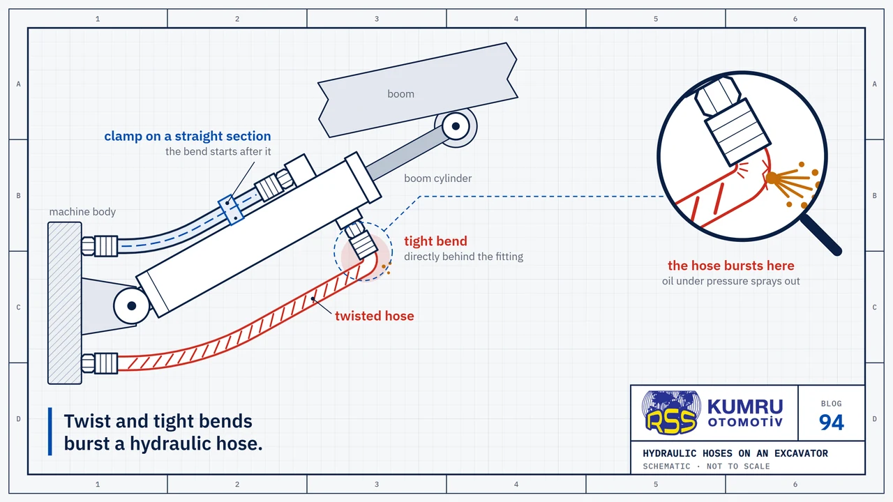 Drawing: side view of a section of an excavator boom and the boom cylinder; two hydraulic hoses run from the machine body to the cylinder. The upper hose leaves its fitting straight, its clamp sits on the straight section, the bend starts after that and the lay line on the hose runs straight. The lower, red hose is bent tightly directly behind its fitting and its lay line spirals; the magnifier shows oil spraying from the hose where it has burst at this tight bend