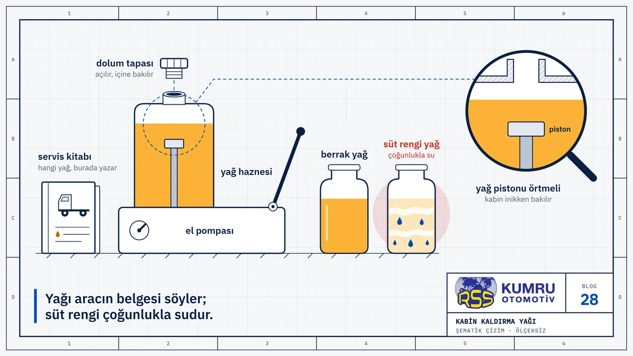 Çizim: tezgâhta aracın servis kitabı, dolum tapası çıkarılmış kabin kaldırma el pompası ve üstündeki yağ haznesi; yanında iki cam kavanoz: birinde berrak yağ, öbüründe süt rengine dönmüş yağ, içinde su damlaları, kırmızıyla işaretli; büyüteçte haznenin dolum ağzından içerisi: yağ pistonu örtüyor