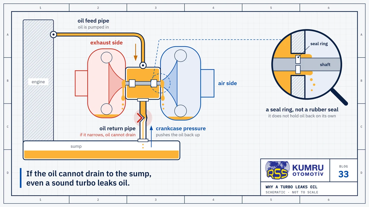 Drawing: a turbocharger in section; the oil return pipe is narrowed at one point, so oil fills the bearing housing and seeps past both ends of the shaft into the exhaust side and the air side; the magnifier shows the seal ring on the shaft with oil passing it