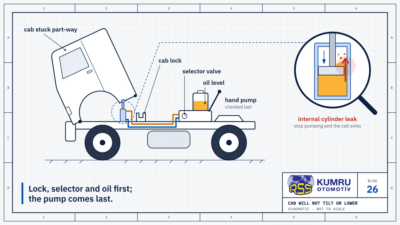 Drawing: a tractor unit with its cab stuck part-way; the places to check are marked in order: cab lock, selector valve, oil level and, last, the hand pump; the magnifier shows the tilt cylinder in section with oil leaking past the piston