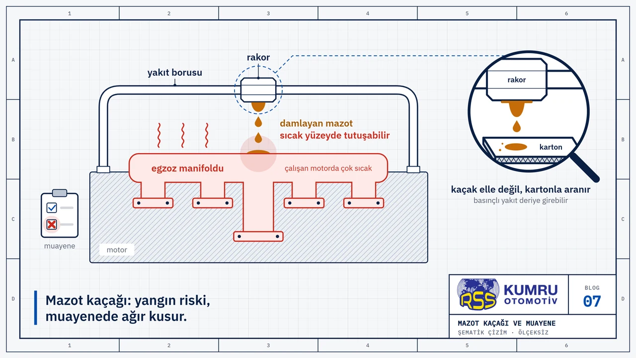 Çizim: motorun yanındaki sıcak egzoz manifoldunun üstünden geçen bir yakıt borusu; borunun ortasındaki rakordan sızan mazot damlaları, kırmızıyla gösterilen ve ısı yayan manifoldun üstüne düşüyor; köşede bir satırı çarpıyla işaretlenmiş muayene formu; büyüteçte rakorun dibinde asılı damla ve kaçağı aramak için altına tutulmuş, üstü ıslanmış bir karton parçası