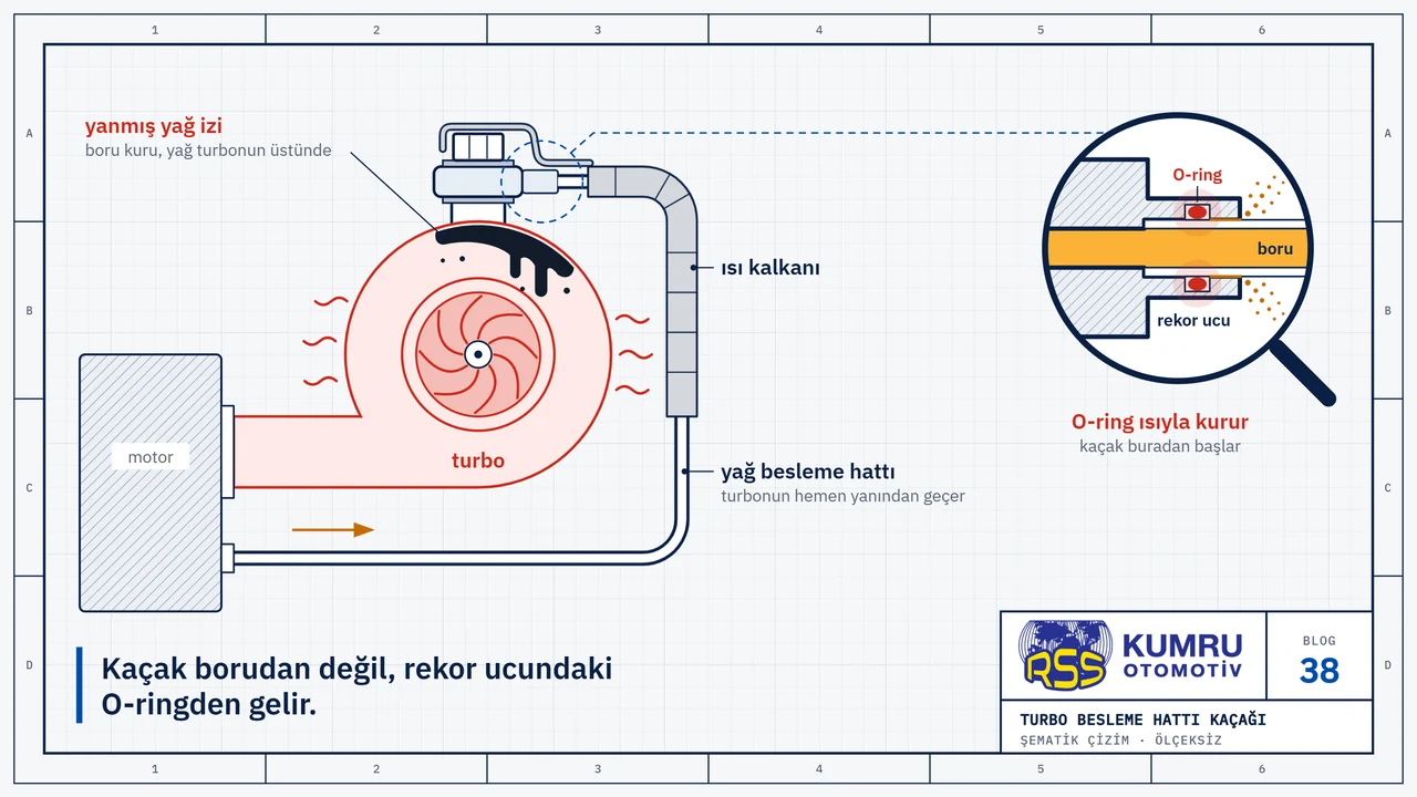Çizim: egzoz tarafından bakılan turbo ve motordan çıkıp turbonun hemen yanından dolanarak üstüne rekor cıvatasıyla bağlanan çelik yağ besleme hattı; turbodan ısı yayılıyor, hattın turboya yakın kısmını ısı kalkanı sarıyor, turbo gövdesinde yanmış yağ izi var, boru kuru; büyüteçte rekor ucunun kesiti: borunun rekora girdiği yerdeki O-ring kırmızıyla işaretli, çevresinde ince yağ sisi