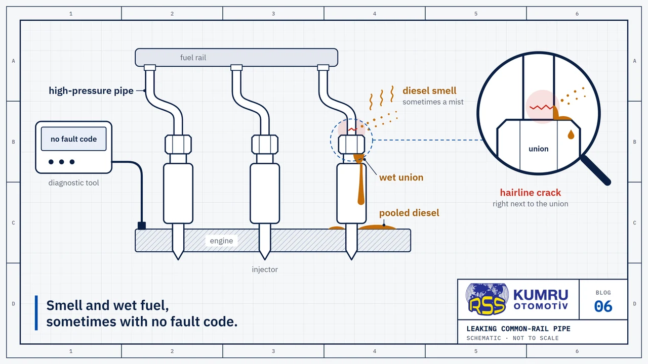 Drawing: a fuel rail on top of the engine with steel high-pressure pipes running down to three injectors; the union of one pipe is wet, diesel has pooled at the foot of that injector, and a fine mist and a smell rise above the union; the diagnostic tool beside the engine shows no fault code; the magnifier shows a hairline crack in the pipe right next to the union, with diesel seeping from it