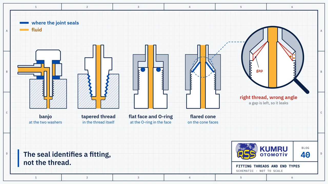 Drawing: four fitting ends in section, side by side: banjo, tapered thread, flat face with O-ring, flared cone; on each one the place where it seals is marked in the same blue: the two washers on the banjo, the thread itself on the tapered thread, the O-ring in the face on the flat-face end, the cone faces on the flare; the magnifier shows two cones whose threads engage but whose angles differ, with a thin gap left between them