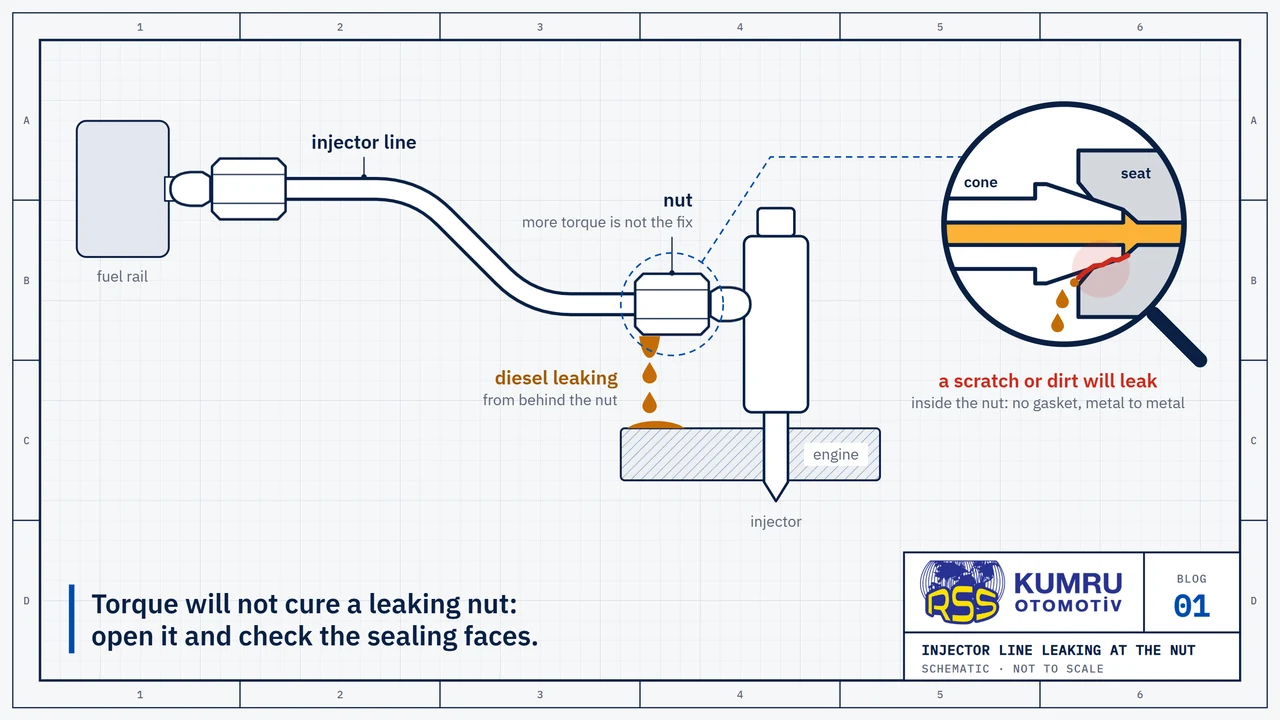 Drawing: an injector line running from the fuel rail to the injector, with diesel dripping from behind the nut at the injector end; the magnifier shows the inside of the nut: the cone on the line sits in its seat metal to metal, with no gasket, and a scratch on the sealing face lets the fuel out