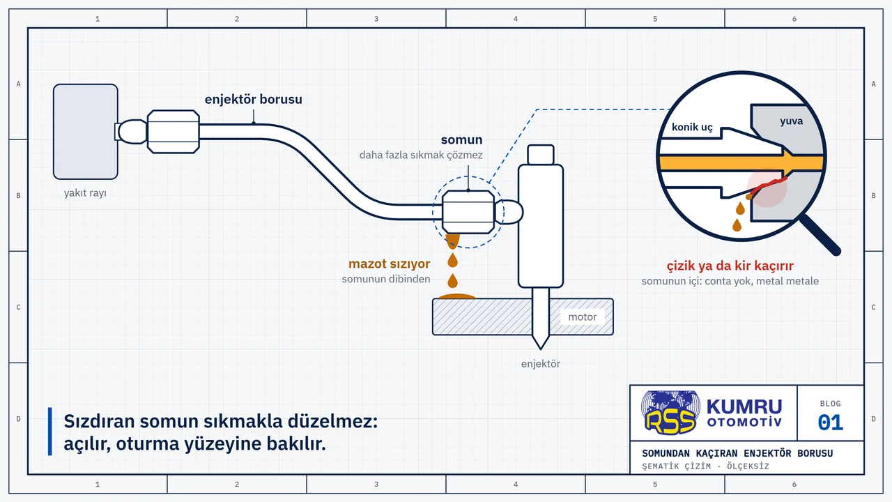 Çizim: yakıt rayından enjektöre giden enjektör borusu, enjektör tarafındaki somunun dibinden mazot damlıyor; büyüteçte somunun içi: borunun konik ucu yuvasına contasız, metal metale oturur ve oturma yüzeyindeki çizik mazotu kaçırır