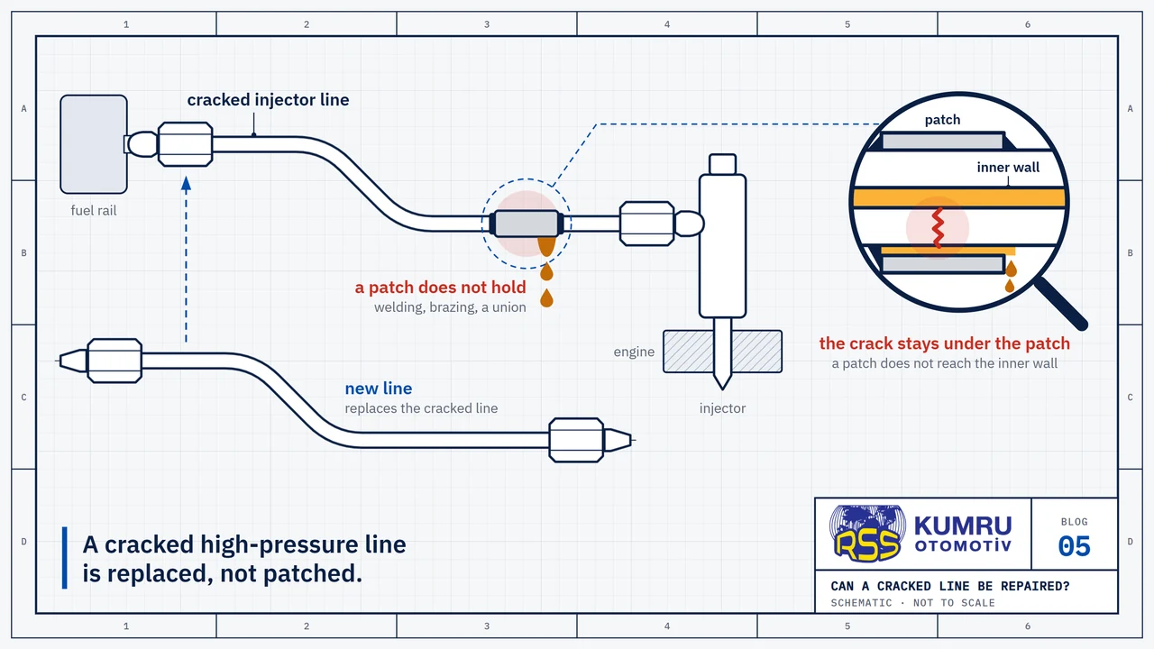 Drawing: a cracked injector line running from the fuel rail to the injector, patched with a sleeve, yet diesel keeps dripping from under the patch; below it a new line bent to the same shape waits to take its place; the magnifier shows the patch in section: the crack runs through the wall of the line from the inner wall to the outside, and the patch stays on the outside