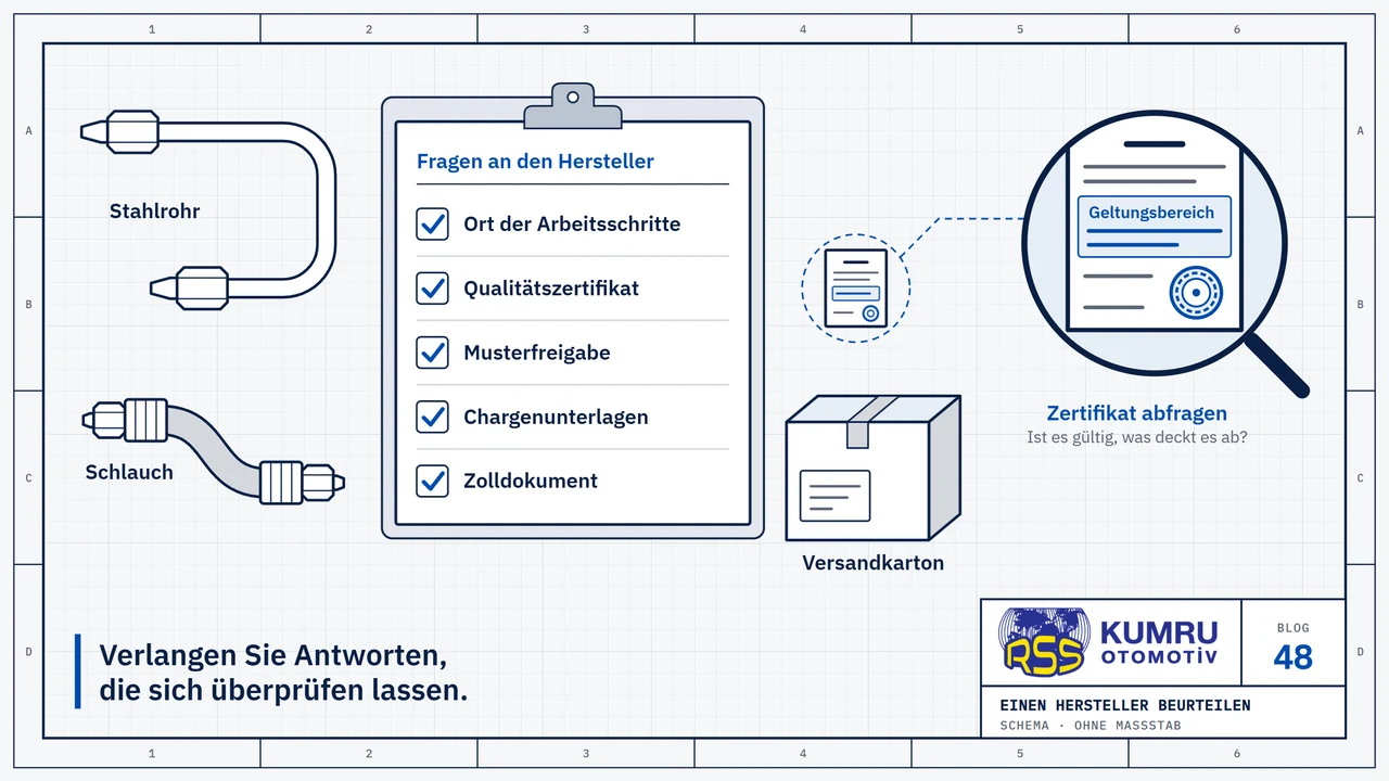 Zeichnung: auf einer Werkbank ein gebogenes Stahlrohr und ein kurzer Schlauch mit einer Armatur an jedem Ende; daneben eine Checkliste, auf der alle fünf Kästchen abgehakt sind: wo jeder Arbeitsschritt erfolgt, Qualitätszertifikat, Musterfreigabe, Chargenunterlagen, Zolldokument; neben der Liste ein versiegeltes Zertifikat und ein geschlossener Versandkarton mit leerem Etikett; die Lupe zeigt das versiegelte Zertifikat, sein Abschnitt mit dem Geltungsbereich ist blau markiert
