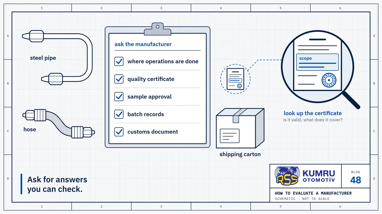 Drawing: a bent steel pipe and a short hose with a fitting at each end on a bench; beside them a checklist with all five boxes ticked: where each operation is done, quality certificate, sample approval, batch records, customs document; next to the list a sealed certificate and a closed shipping carton with a blank label; the magnifier shows the sealed certificate with its scope section marked in blue