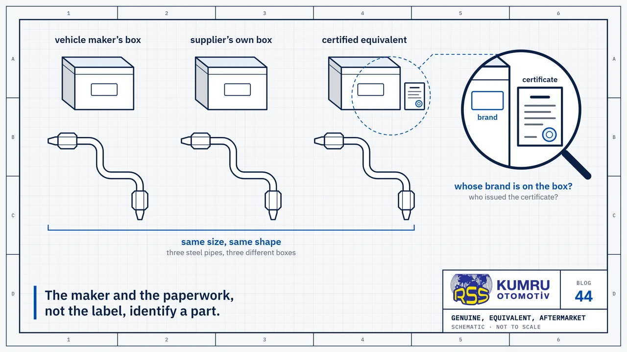 Drawing: three steel pipes of identical shape lying side by side on a bench, each with a closed box behind it; the boxes are labelled in plain words as the vehicle maker’s box, the supplier’s own box and a certified equivalent, and the brand panel on all three is blank; under the three pipes it reads same size, same shape; the magnifier shows the blank brand panel on one box and the stamped certificate beside it