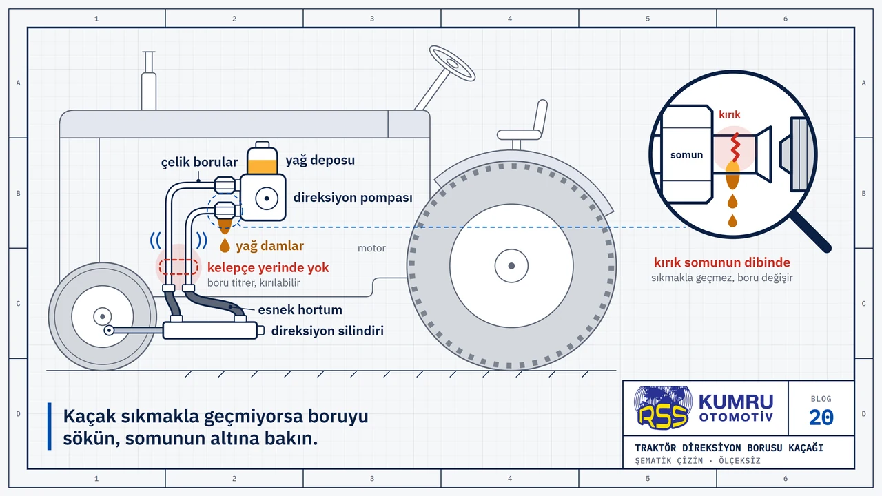 Çizim: eski tip bir tarım traktörü yandan, soluk çizgiyle (büyük arka teker ve çamurluk, küçük ön teker, uzun kaput, dik egzoz, simit, koltuk); motorun önündeki direksiyon pompası ve üstündeki yağ deposundan ön dingildeki direksiyon silindirine iki çelik boru iner, uçlarında kısa esnek hortum var; pompadaki somundan yağ damlıyor, iki boruyu tutan kelepçenin yeri boş ve kırmızıyla işaretli; büyüteçte somun geri çekilmiş, borunun somun dibindeki kılcal kırığından yağ sızıyor
