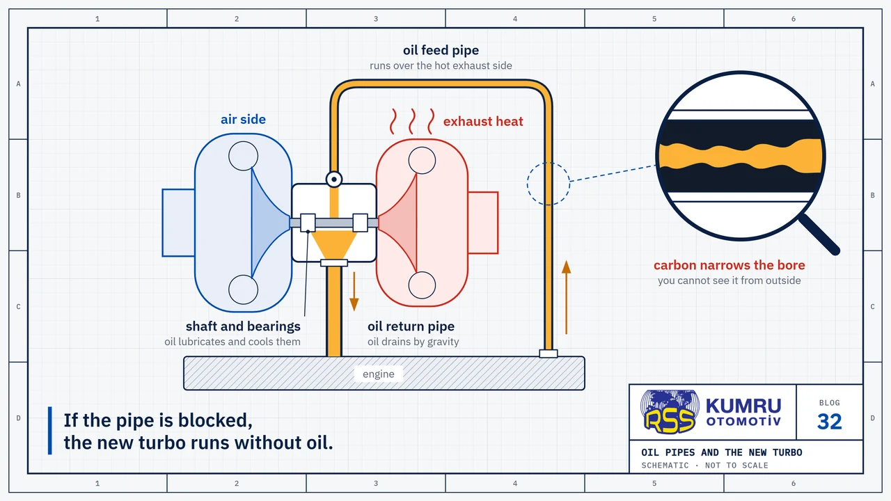 Drawing: a turbocharger in section; the oil feed pipe comes up from the engine, runs over the hot exhaust side and reaches the shaft, the return pipe drains the oil back to the engine; the magnifier shows a pipe narrowed by carbon
