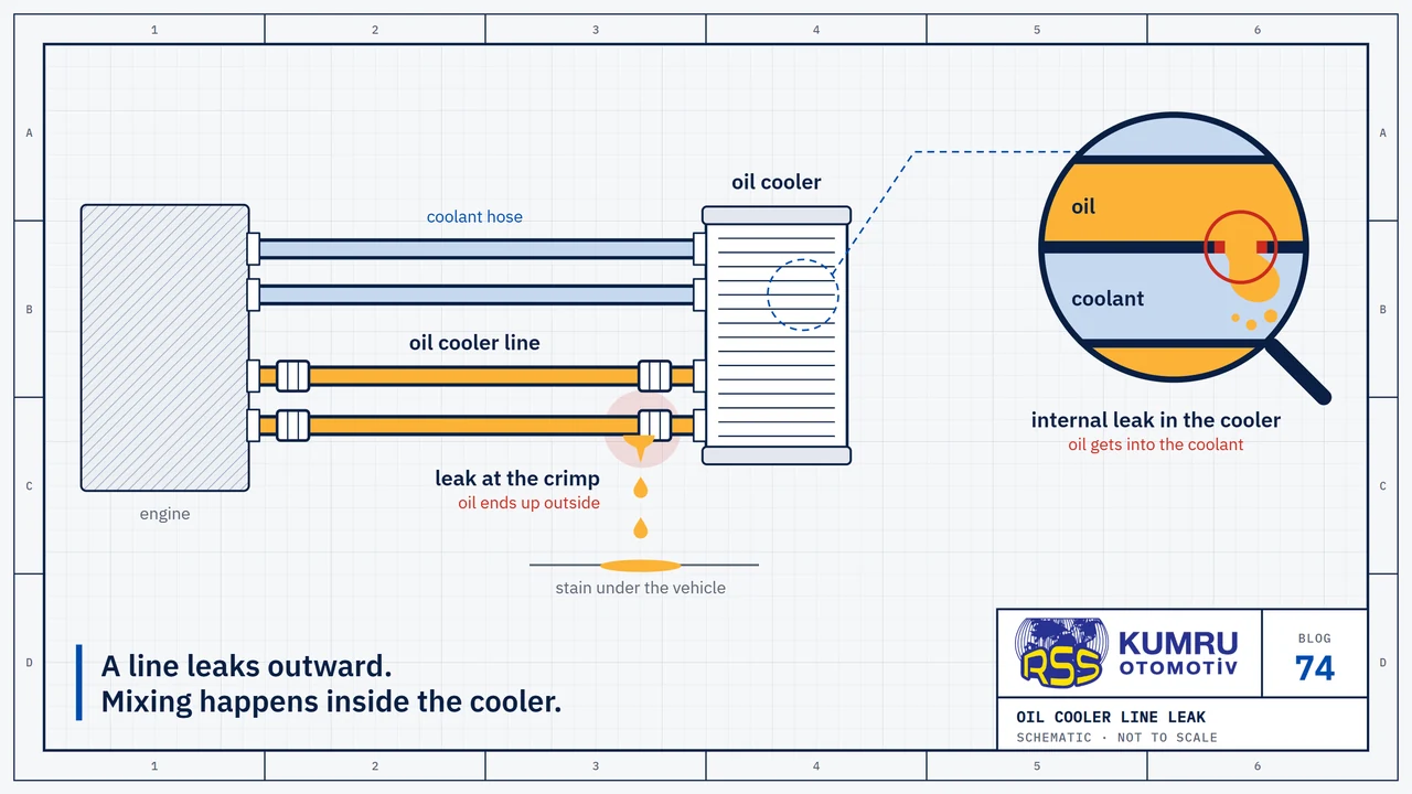 Drawing: an engine on the left and a plate-type oil cooler on the right; between them two blue hoses carrying coolant and two amber hoses carrying oil; oil drips from the crimp of the lower oil hose and has left a stain on the ground; the magnifier shows the inside of the cooler: oil passes into the coolant through a hole, marked in red, in the plate that separates the oil channel from the coolant channel